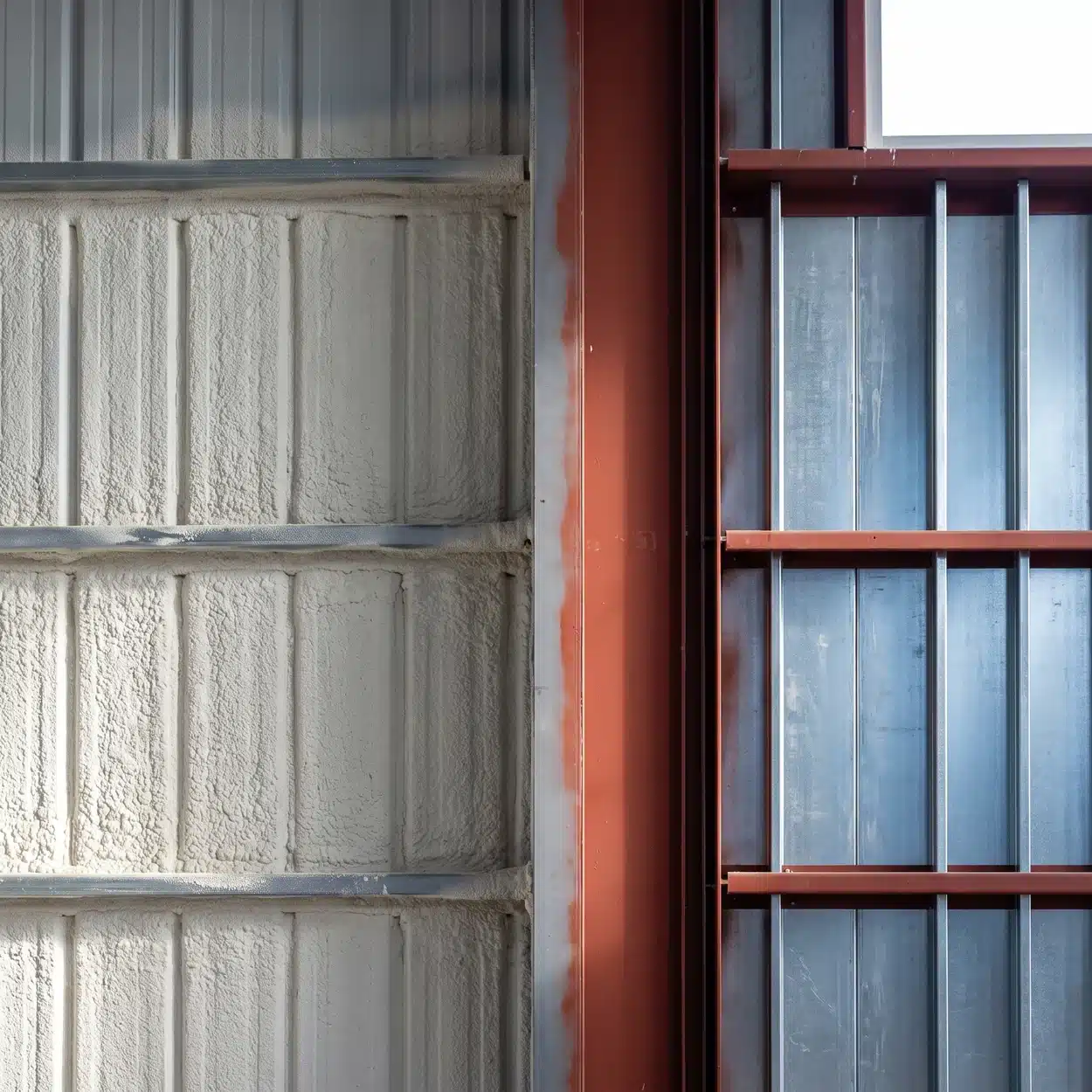 Spray foam cost: cream closed-cell spray foam on metal wall panels beside bare oxide-red steel where the sprayed area stops