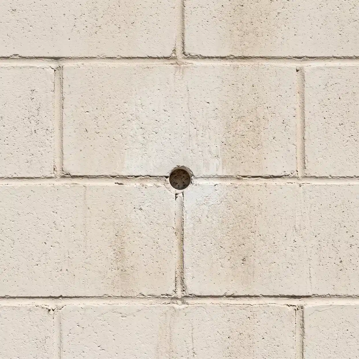 CMU retrofit: older painted concrete masonry wall with a single clean test hole drilled in a mortar joint