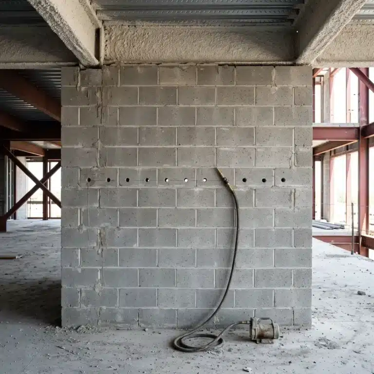 Core Foam installation: concrete block wall with a row of evenly spaced foam injection holes drilled along a mortar joint