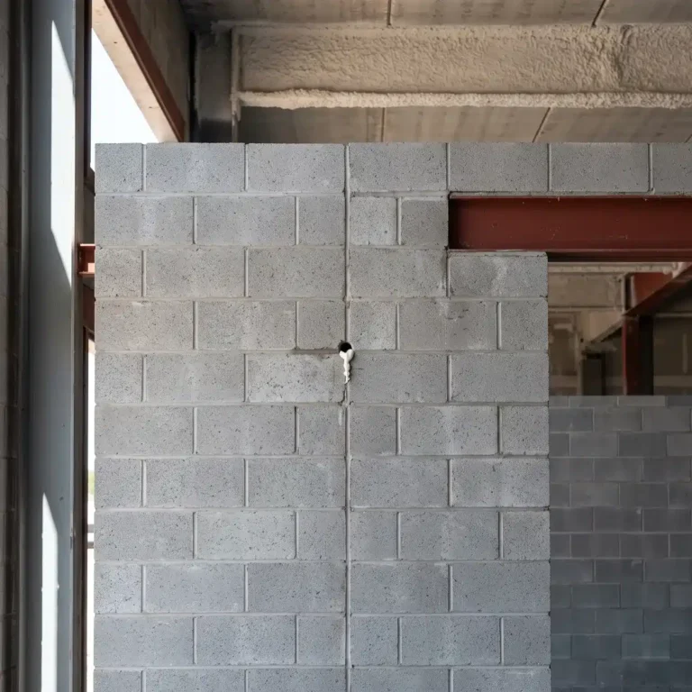 Core Foam: unfinished concrete masonry wall with a small foam injection hole drilled in a mortar joint