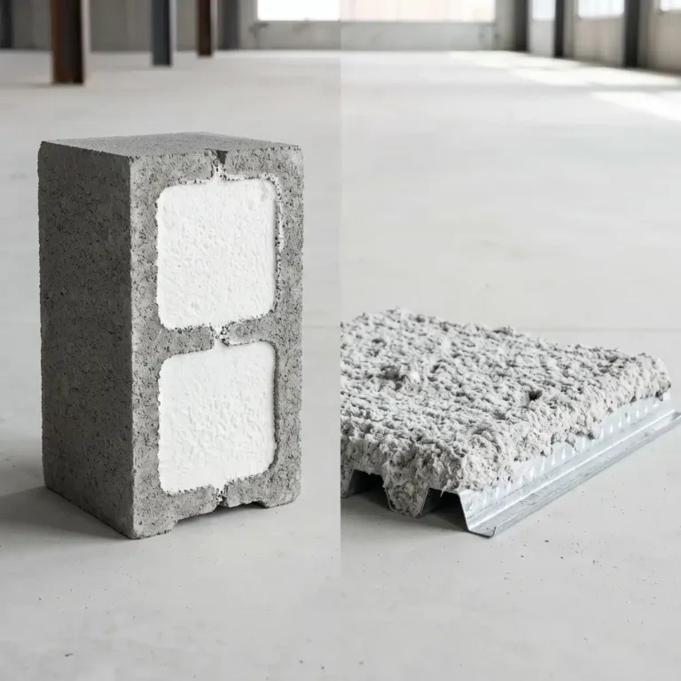 Core Foam vs K-13: a sawn foam-filled concrete block beside a sample panel of spray-applied fiber insulation on metal deck