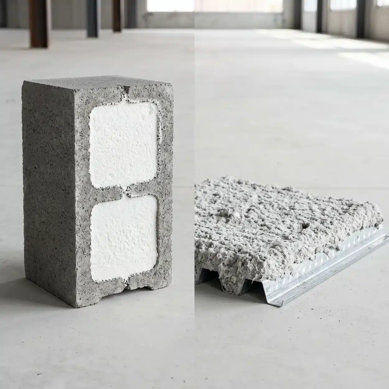 Core Foam vs K-13: a sawn foam-filled concrete block beside a sample panel of spray-applied fiber insulation on metal deck