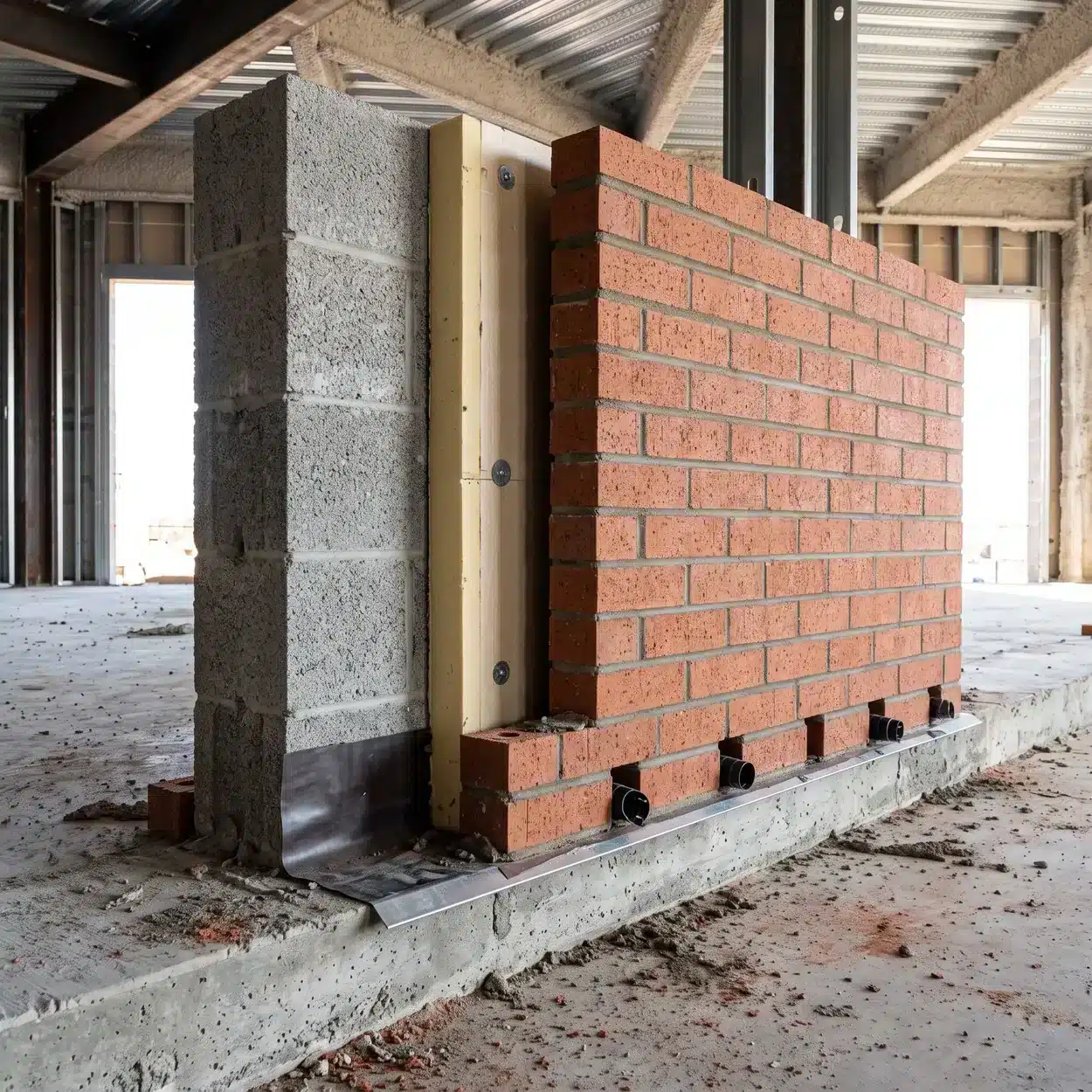 Rigid foam board: brick veneer cavity wall under construction showing rigid foam board, a clear drained air space, through-wall flashing and open weeps