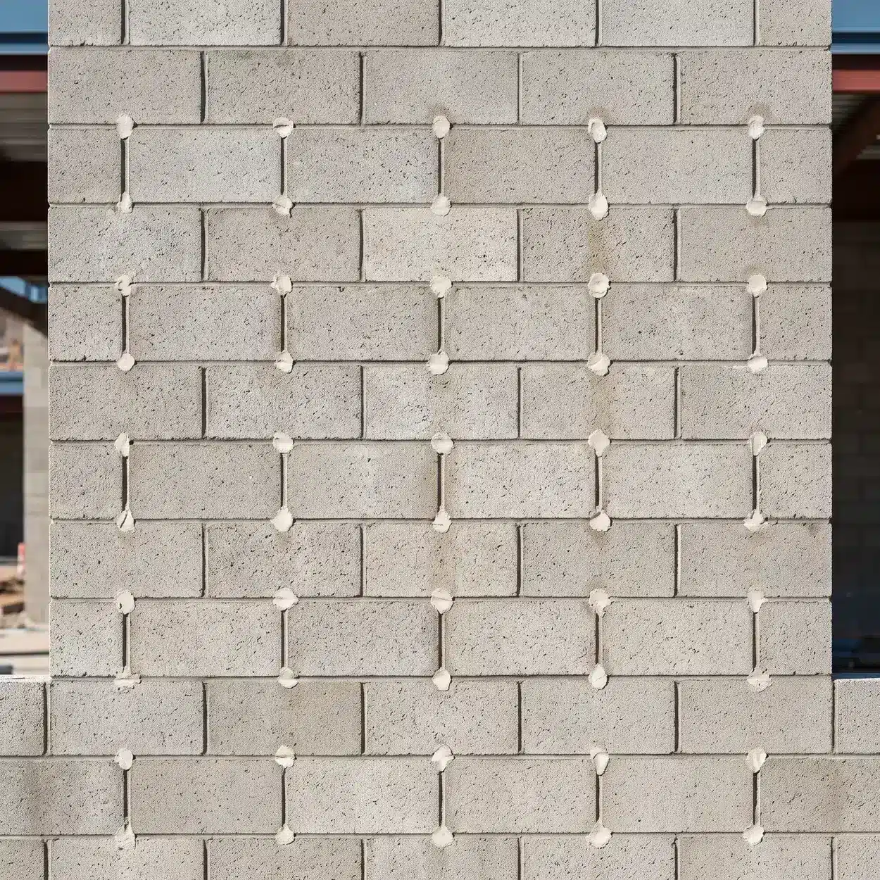 School masonry insulation: concrete masonry school wall with a grid of freshly patched foam injection holes across the mortar joints