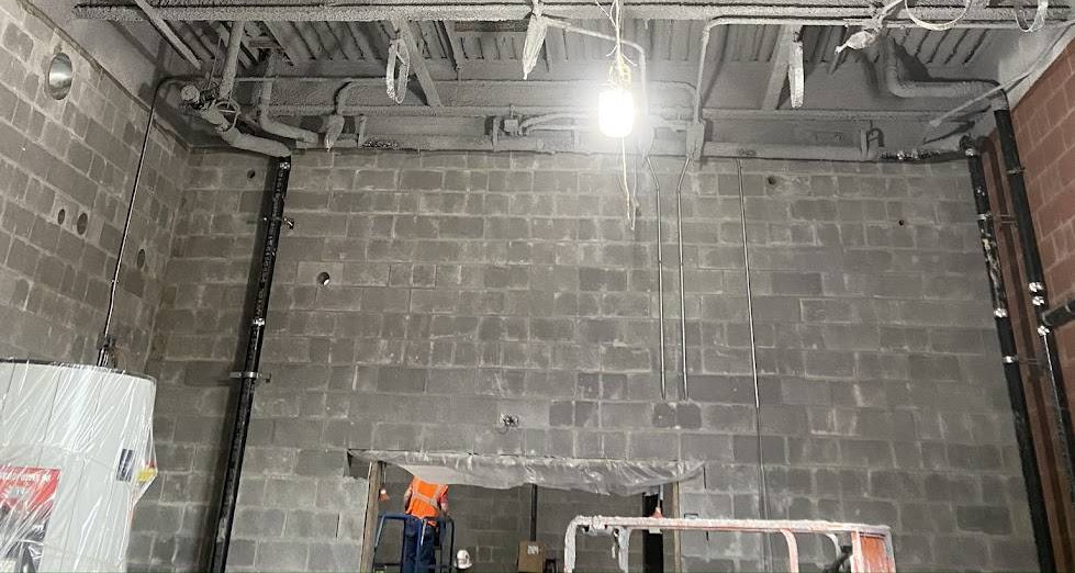Concrete masonry unit wall on a bahl jobsite, the wall type core-fill 500 is injected into through the mortar joints